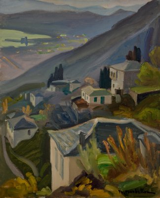 Makrinitsa View Downward, Lights of Volos — Oil painting, Canvas, 38.00×46.00cm — Theodoros Markellos